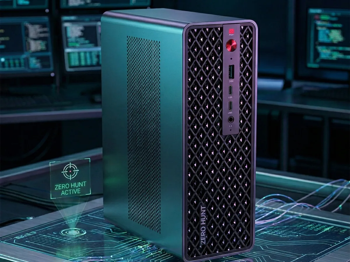 Zero Hunt desktop appliance: a compact tower unit with a Zero Hunt badge on the front grille, standing in a security operations room