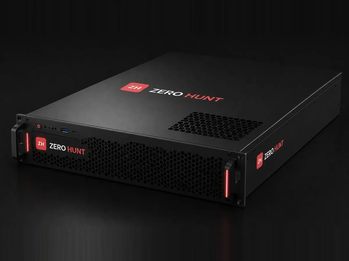 Zero Hunt 2U rack appliance: a black rack-mount server with the Zero Hunt logo on the lid and front panel and red-lit handles
